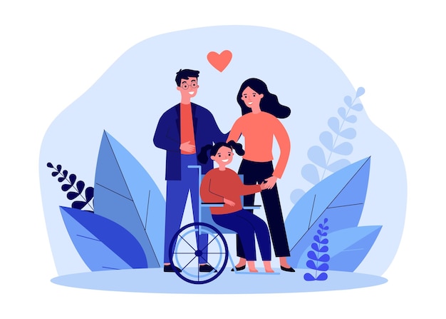 Happy mother and father with daughter on wheelchair. man and woman with disabled girl flat vector illustration. family, disability concept for banner, website design or landing web page