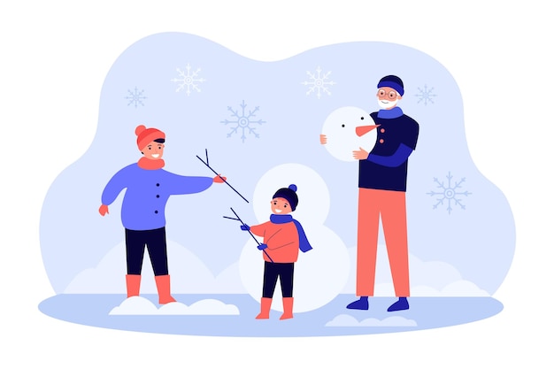 Happy mother, grandfather and child making snowman outdoor. people playing together in winter landscape flat vector illustration. fun family time concept for banner, website design or landing web page