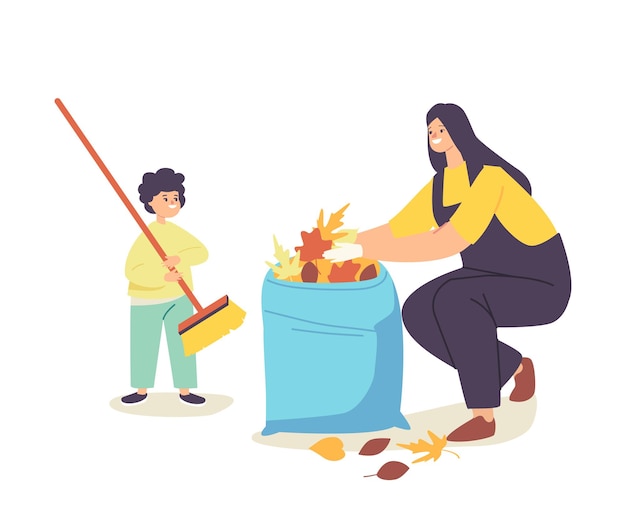 Happy mother and little baby collecting fallen autumn leaves into bag. family characters cleaning backyard having fun all together, weekend yardwork and cleanup. cartoon people vector illustration