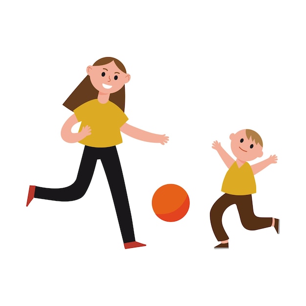 Vector happy mother playing ball with her son cartoon characters, mom and her child playing sports together vector illustration isolated on a white background