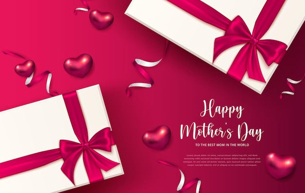 Vector happy mother's day 3d present gift box and pink red ribbon love heart