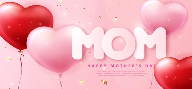 Happy mother's day 3D red pink love heart balloon and ribbon