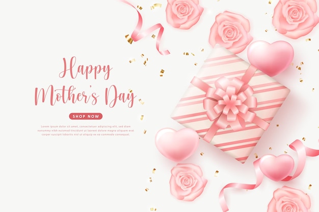 Happy mother's day 3d red pink love heart rose flower and present gift box with ribbon flower