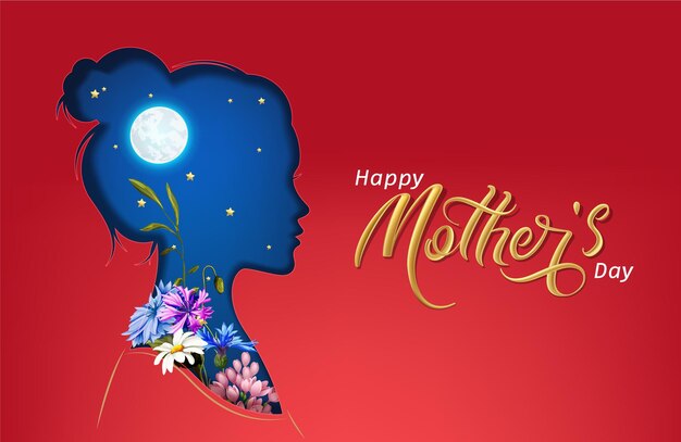 Vector happy mother's day 3d text vector illustration star moonlight flowers pink