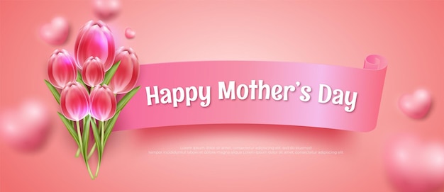 Vector happy mother's day banner met enkele vastgebonden tulpen op roze achtergrond