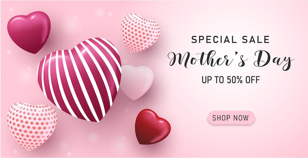 Vettore modello di banner happy mother's day con colore rosa e design minimalista del cuore