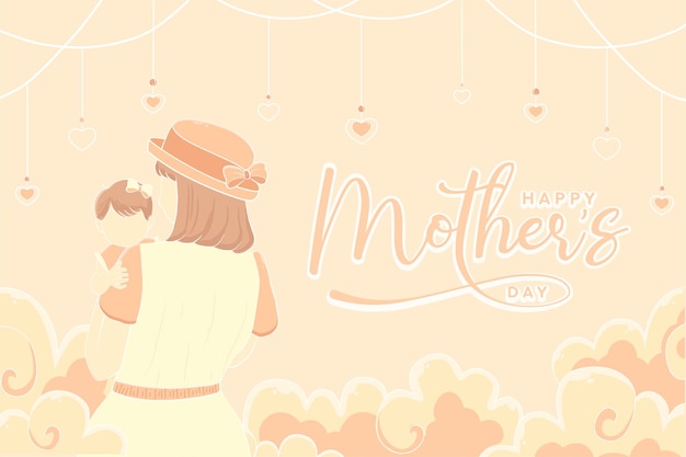 Vector happy mother's day beautiful mom carrying and hug baby with love