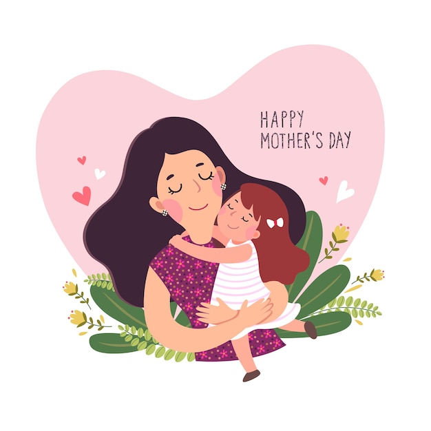 Happy mother's day card. cute little girl hugging her mother in heart shaped.