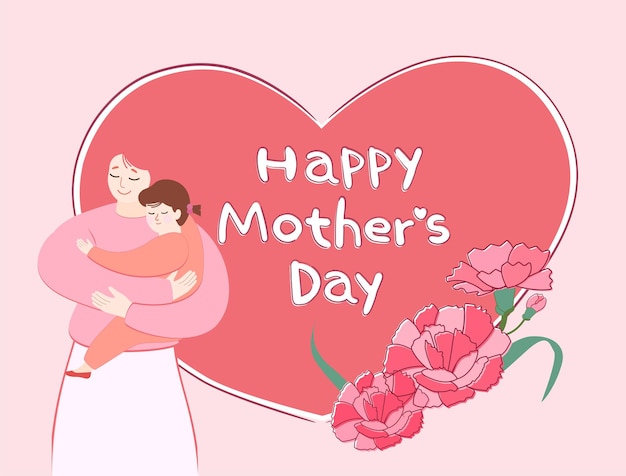 Happy Mother's Day card design with mother holding her child and carnation flowers vector