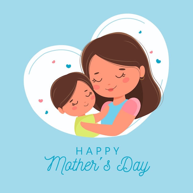 Happy mother's day card wirh mom and boy illustration Premium Vector