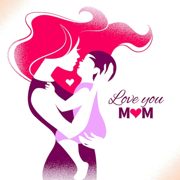 Happy Mother's Day. Card with beautiful silhouette of mother and baby