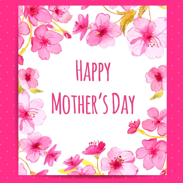 Счастливая карта дня матери с рамкой цветков вишни. Векторный макет с акварельным цветочным искусством.
