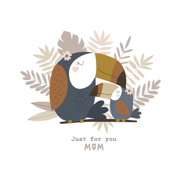 Vector happy mother's day card with cute toucans vector illustration