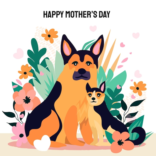 Happy mother's day design with german shepherd dog and little baby puppy around her for shepherd lovers every where spring summer flower background international pet day