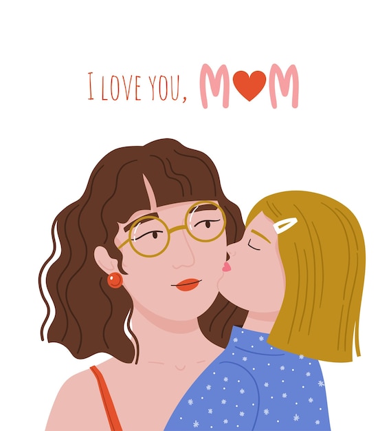 Happy Mother's day Een jong meisje kust haar moeder op de Wang Vector concept illustratie