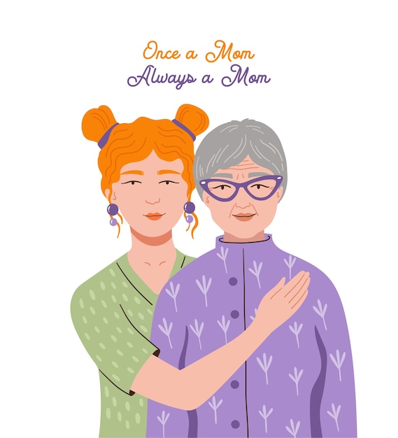 Happy Mother's day Een jonge vrouw omarmt liefdevol haar oude moeder of grootmoeder Vector concept illustratie