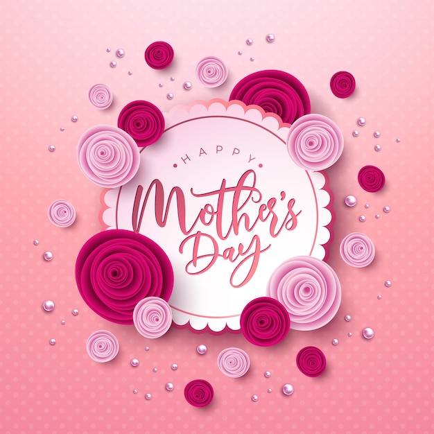 Happy mother's day greeting card design with rose flower and typography letter on pink background