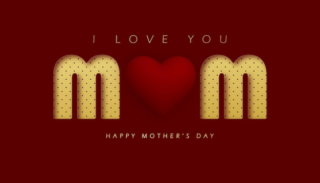 Vector happy mother's day greeting card paper cut text effect and 3d heart on red and gold background