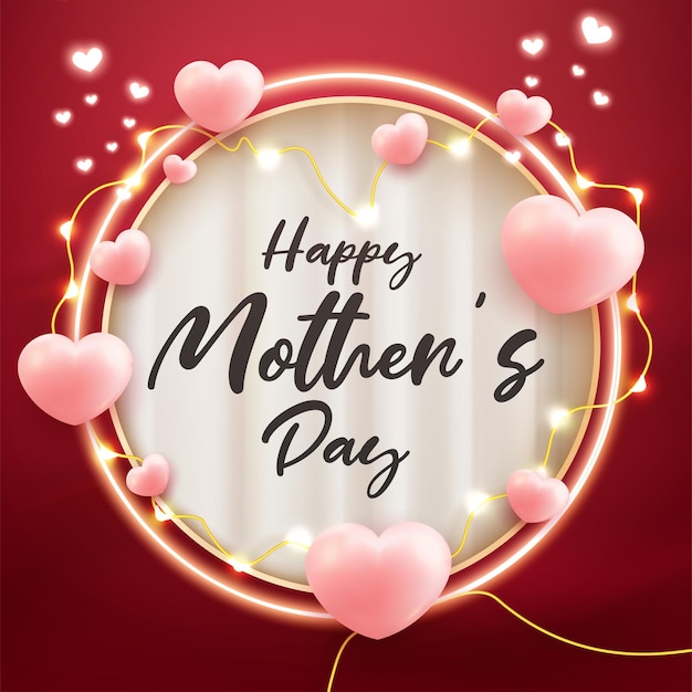 Шаблон поздравительной открытки с днем матери в форме сердца 3d стиль рендеринга на волнистом фоне красной занавески