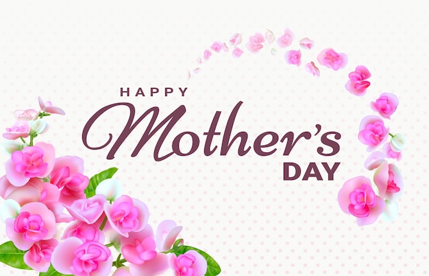 Vector happy mother's day greeting card with beautiful blooming flowers on light pink dots background