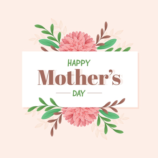 Happy Mother's Day Greeting Card With Beautiful Dahlia Flowers And Leaves On Pastel Pink Background