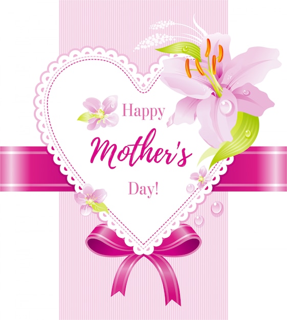 ピンクのユリの花と心の幸せな母の日グリーティングカード。