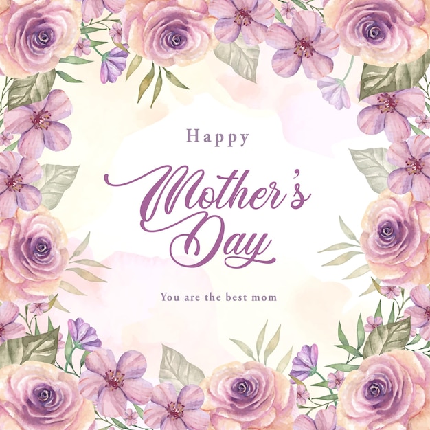 Cartolina d'auguri di felice festa della mamma con elemento acquerello di fiori viola rosa