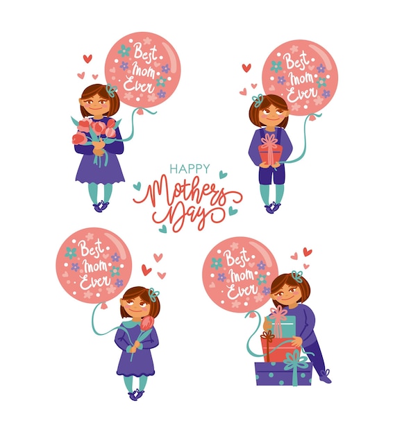 Happy mother's day Het meisje voorbereiding cadeaus voor haar haar moeder Set illustratie Vector