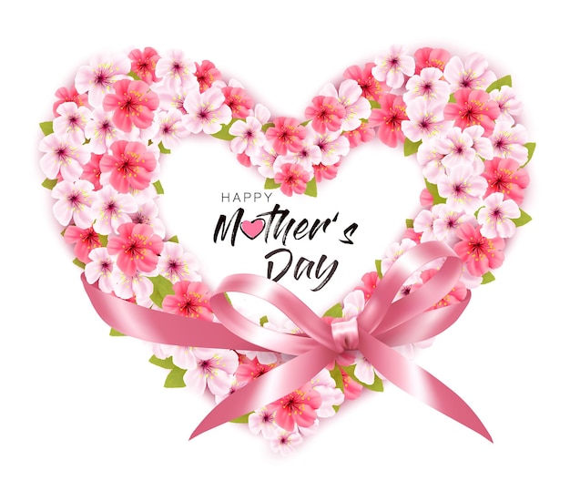 Happy Mother's Day Holiday background Colorful beautiful flowers the shape of a heart Frame and pink bow and ribbon Vector