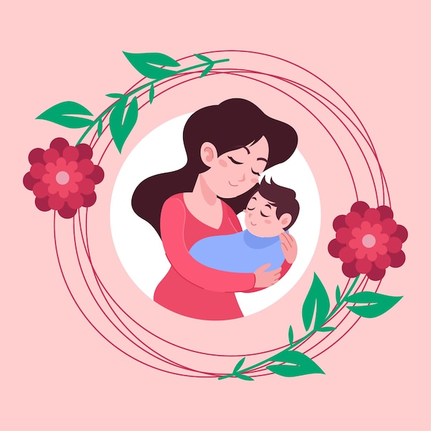 Vector happy mother's day hugging baby kid illustration