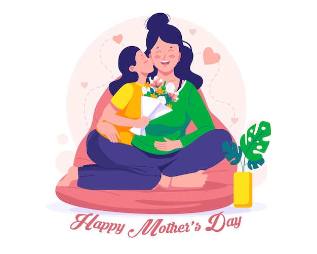 Happy Mother's Day Illustration The daughter kisses her mother and gives her flowers