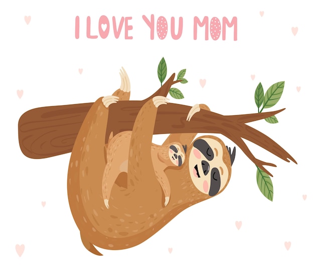 Vector happy mother's day kaarten moeder luiaard met baby opknoping op tak ik hou van je moeder vector illustratie