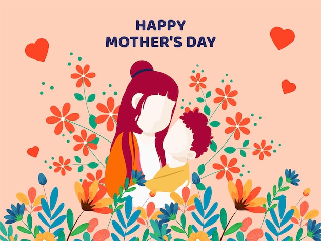 Happy Mother's Day kaartje Vector illustratie banner ontwerp met moeder en haar kind op bloemen achtergrond