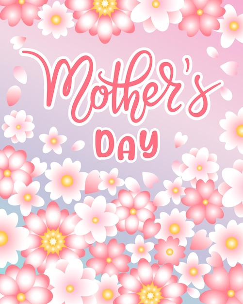 Happy Mother's Day lente poster met roze bloemen en handgeschreven letters op verloop achtergrond