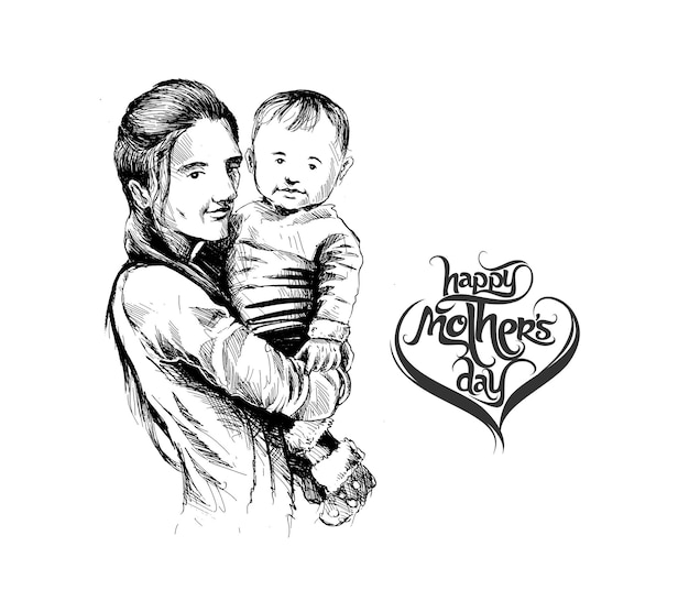 幸せな母の日を愛する家族の母と子のスケッチデザイン