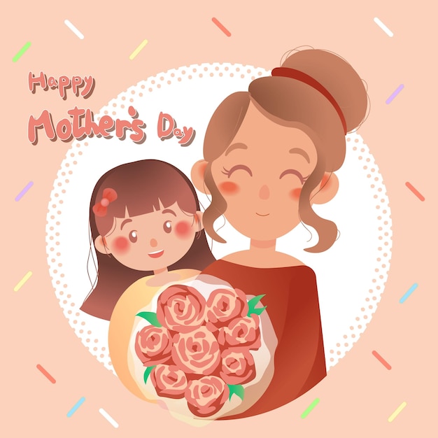 happy mother's day mother and daughter holding bouquet