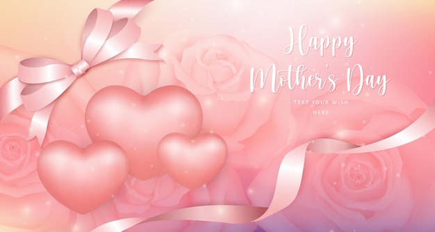 Happy mother's day rose pink ribbon and love heart with bokeh shinning flower background