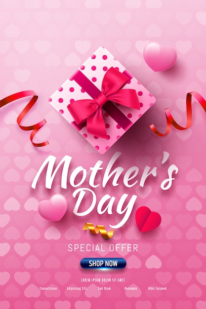 Happy Mother's Day Распродажа баннер с подарочной коробкой и сладким сердцем на розовом