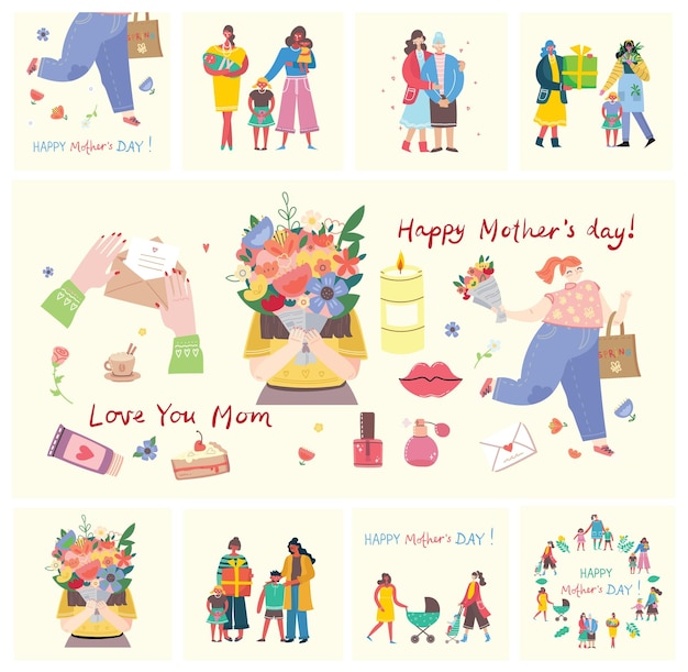 Happy Mother's Day Set van vijf schattige en kleurrijke vectorillustraties Kinderen en hun moeder geschenken en bloemen voor de viering van Moederdag Ontwerpsjablonen voor een kaart banner poster