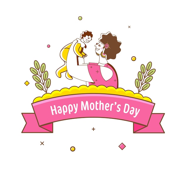 Happy Mother's Day Text Ribbon With Doodle Style Woman Holding Her Baby On White Background.