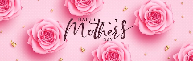 幸せな母の日テキスト ベクター デザイン。ピンクのバラと椿の花の母の日のグリーティング カード