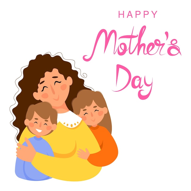 Happy Mother's Day vector greeting card Mother hugging son and daughter