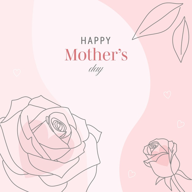 Vector happy mother's day vector wenskaart met prachtige bloemen en harten rose enkele lijntekening