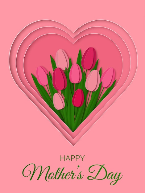 Happy mother's day wenskaart mooie tulpen op roze hart vorm achtergrond