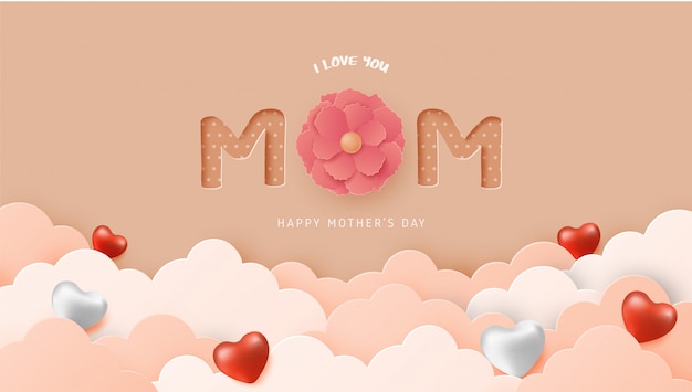 Счастливый день матери с облаками, форме сердца и цветком дальше в стиле отрезка бумаги. цифровая крафт-бумага арт.