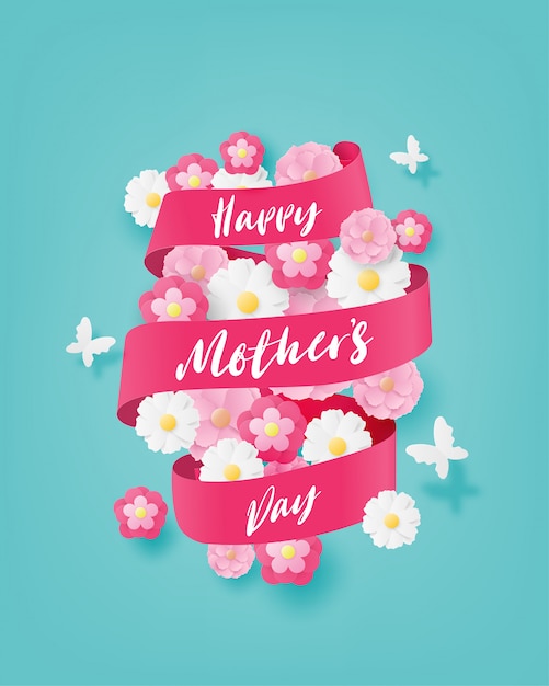 Vector happy mother's day with flower and butterfly in paper cut style. digital craft paper art.