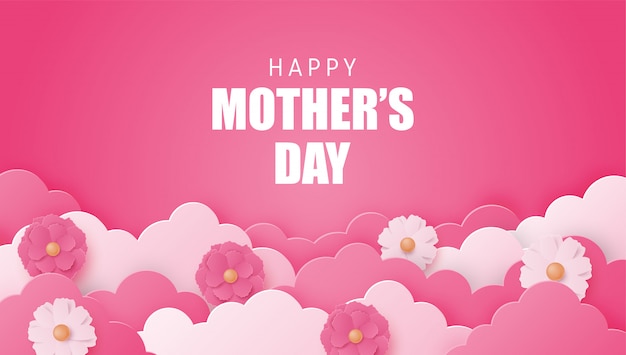 Vector happy mother's day  with flower and cloud on pink in paper cut style.