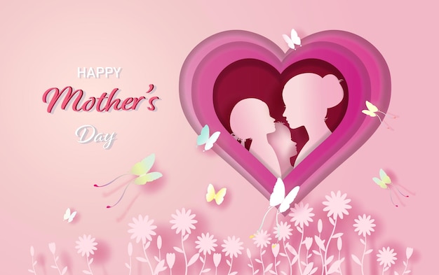 Happy Mother's Day with women children butterfly and flowers Mother and children Happy celebration Mothers Day with paper cut paper art Vector illustration template design in pink background