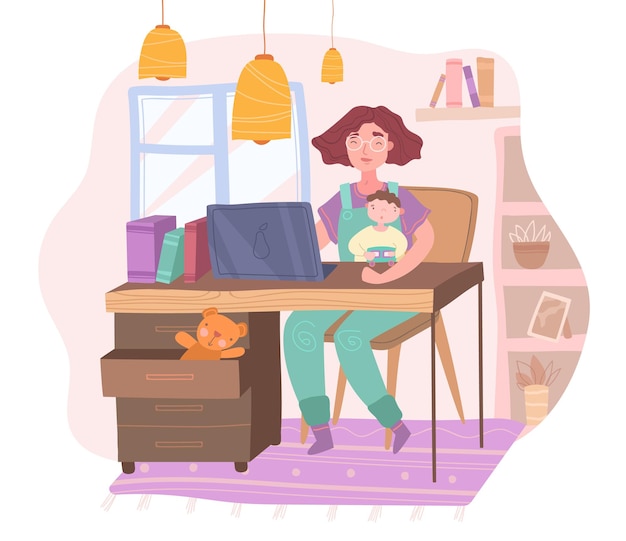 Vector happy mother sitting at desk, working on computer at home and holding her baby,.