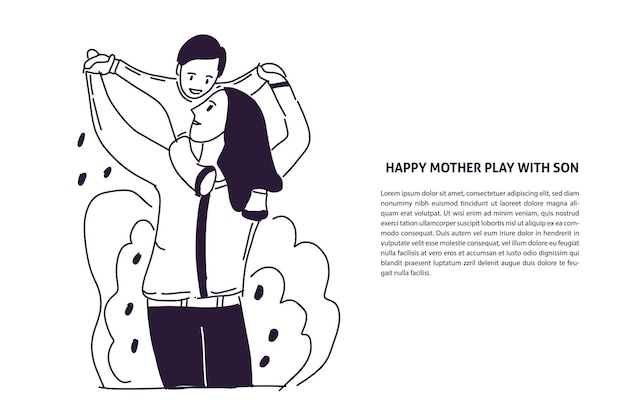 Vector happy mother with kid hand drawn illustration